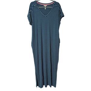 Matilda Jane Size L Set Sail Blue Navy White Strip Maxi Dress with Pockets